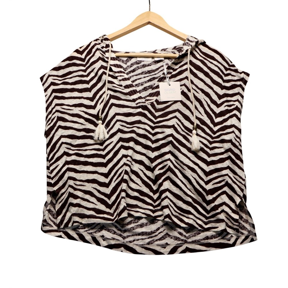 Sigrid Olsen Womens Brown Zebra Print 100% Linen Hooded Cap Sleeve Top Size M